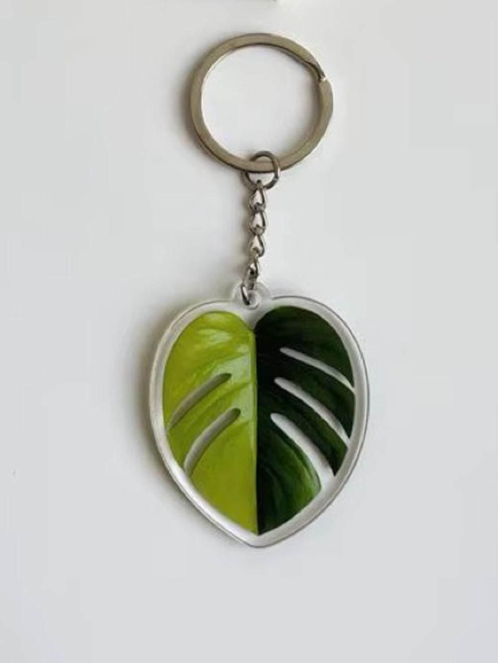 Two-Tone Monstera Leaf Keychain - Green Heart Design - Silver Hardware NEW! - Picture 1 of 4